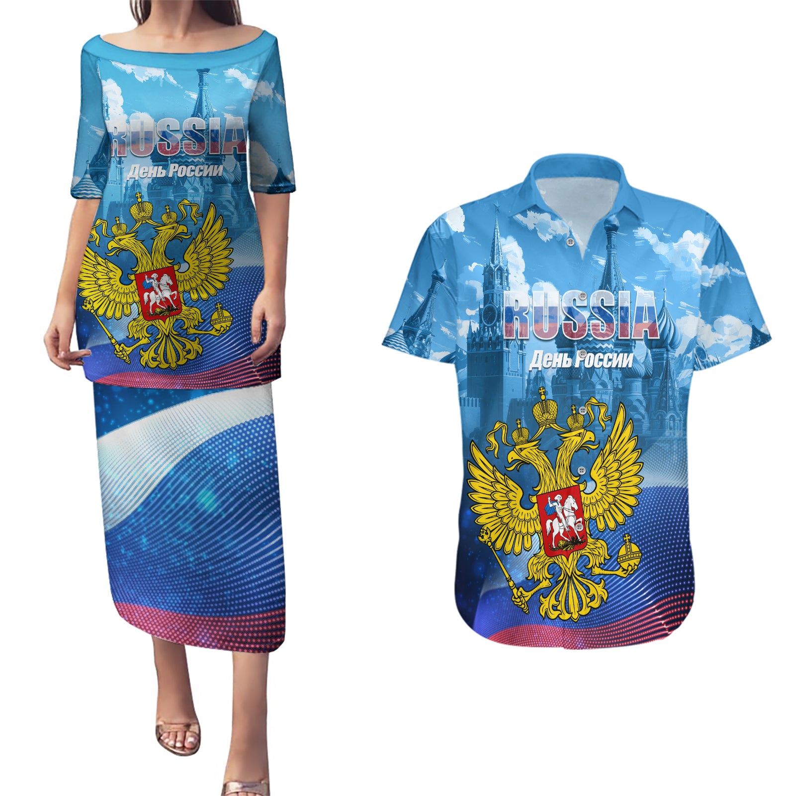 Russia Day 2024 Couples Matching Puletasi and Hawaiian Shirt Coat Of Arms With Red Square - Wonder Print Shop