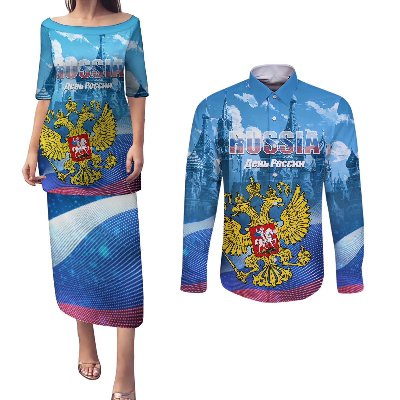 Russia Day 2024 Couples Matching Puletasi and Long Sleeve Button Shirt Coat Of Arms With Red Square - Wonder Print Shop