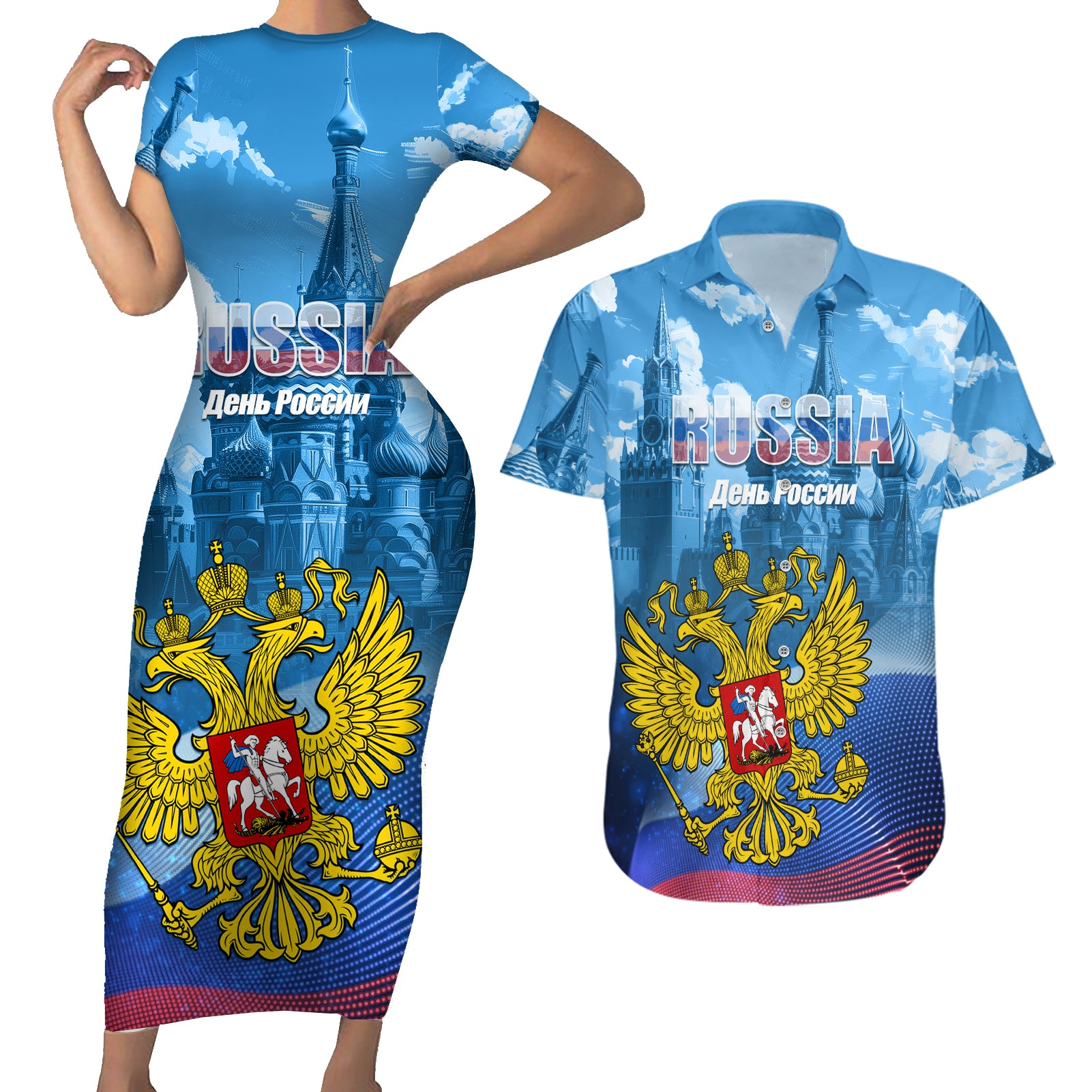 Russia Day 2024 Couples Matching Short Sleeve Bodycon Dress and Hawaiian Shirt Coat Of Arms With Red Square - Wonder Print Shop