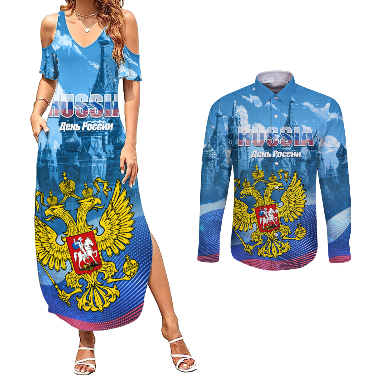 Russia Day 2024 Couples Matching Summer Maxi Dress and Long Sleeve Button Shirt Coat Of Arms With Red Square - Wonder Print Shop