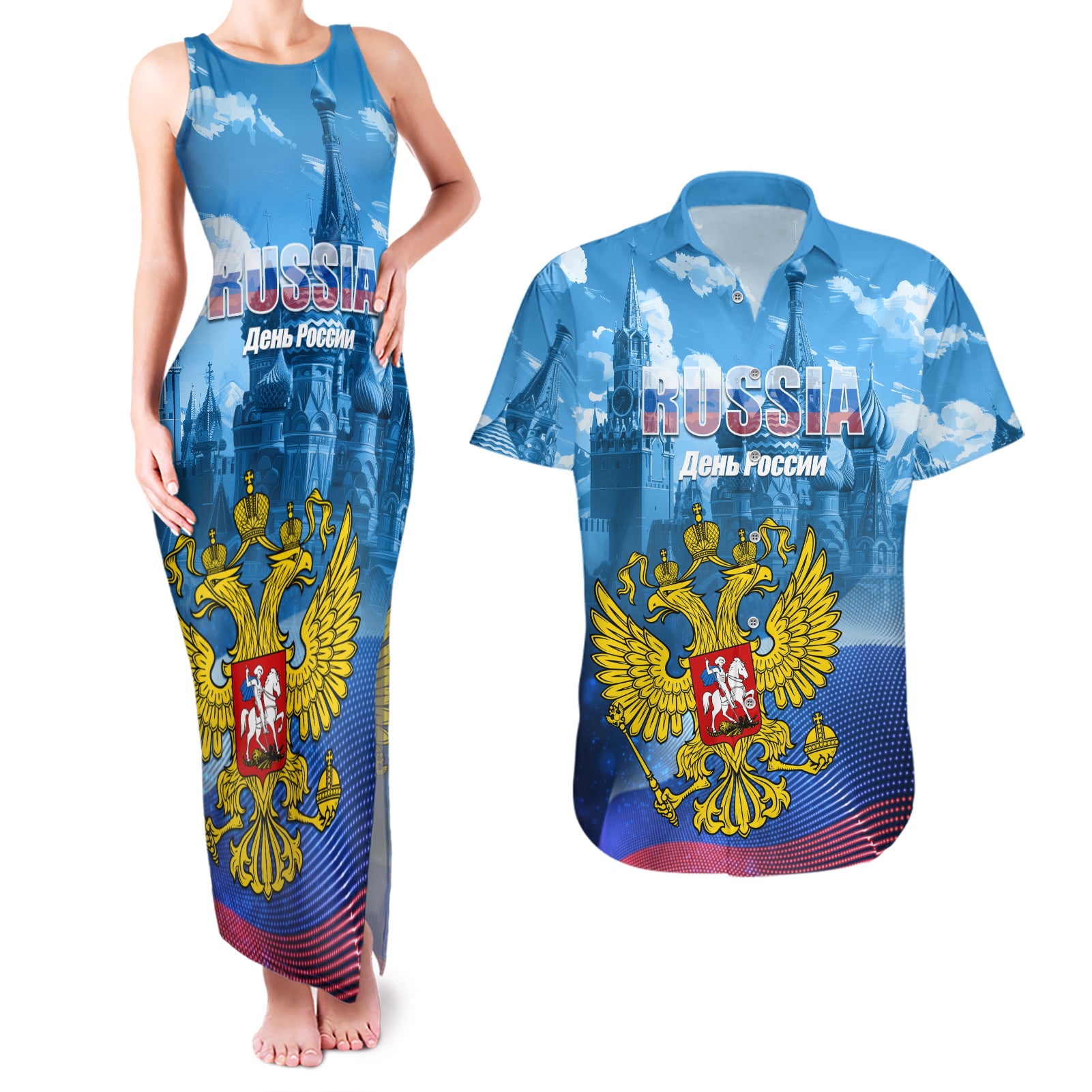 Russia Day 2024 Couples Matching Tank Maxi Dress and Hawaiian Shirt Coat Of Arms With Red Square - Wonder Print Shop