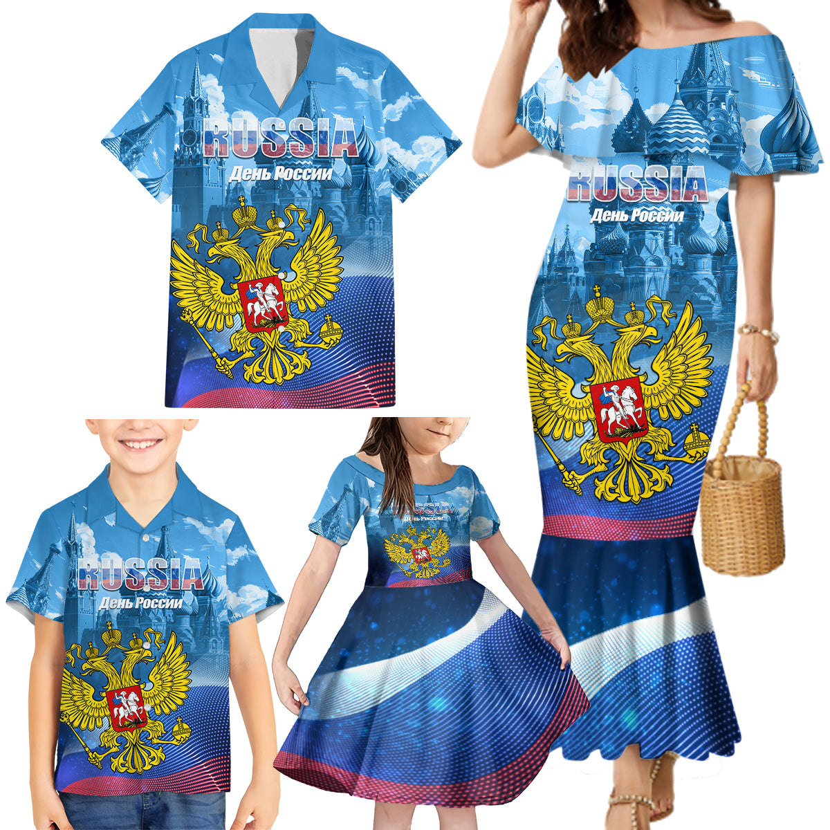 Russia Day 2024 Family Matching Mermaid Dress and Hawaiian Shirt Coat Of Arms With Red Square - Wonder Print Shop