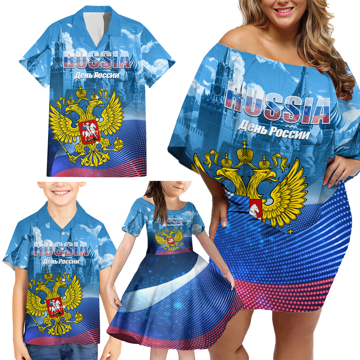 Russia Day 2024 Family Matching Off Shoulder Short Dress and Hawaiian Shirt Coat Of Arms With Red Square - Wonder Print Shop