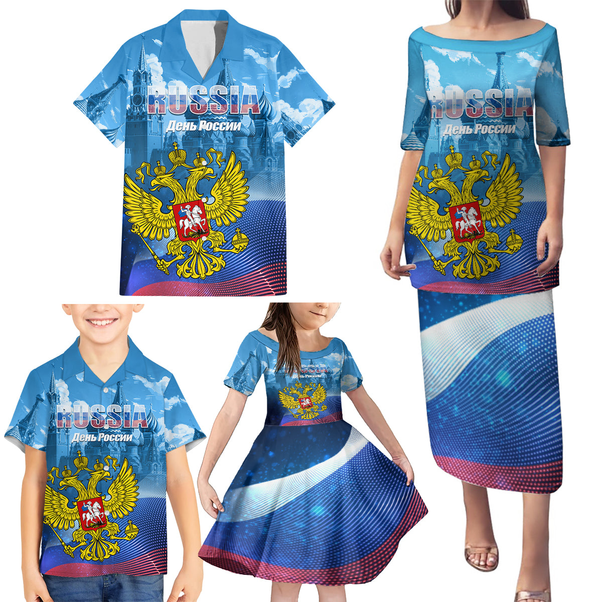 Russia Day 2024 Family Matching Puletasi and Hawaiian Shirt Coat Of Arms With Red Square - Wonder Print Shop