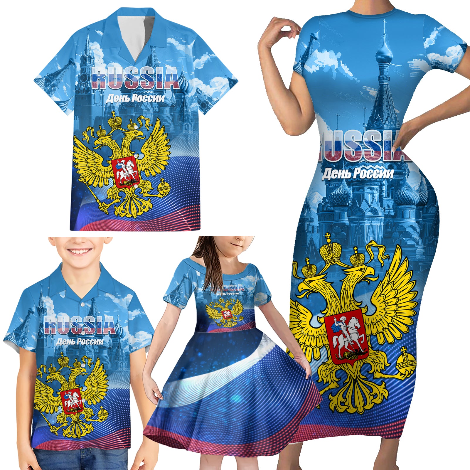 Russia Day 2024 Family Matching Short Sleeve Bodycon Dress and Hawaiian Shirt Coat Of Arms With Red Square - Wonder Print Shop