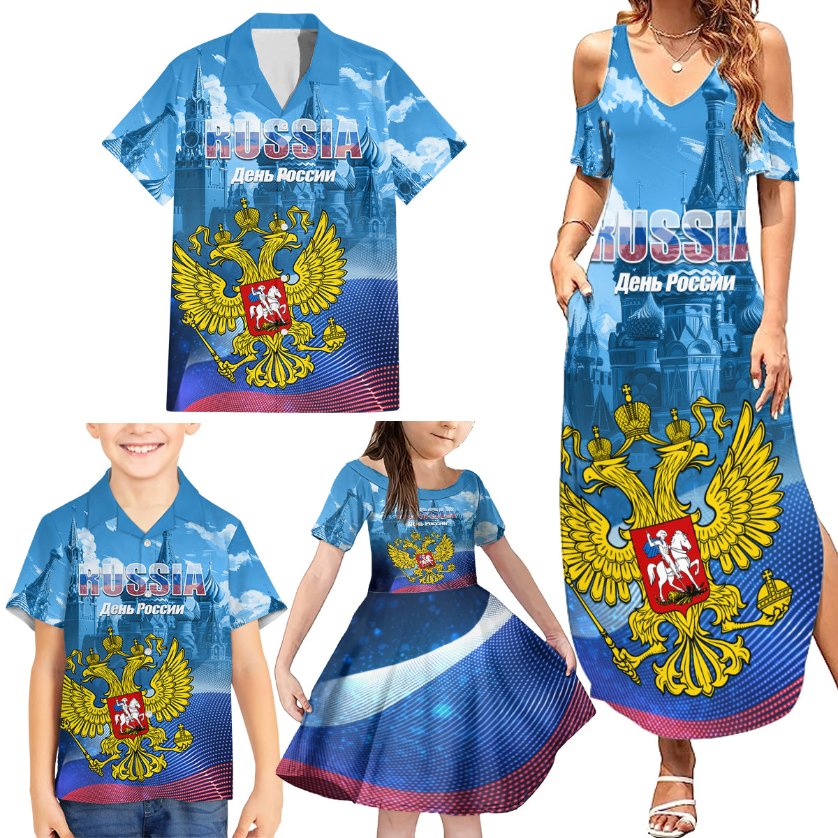 Russia Day 2024 Family Matching Summer Maxi Dress and Hawaiian Shirt Coat Of Arms With Red Square - Wonder Print Shop