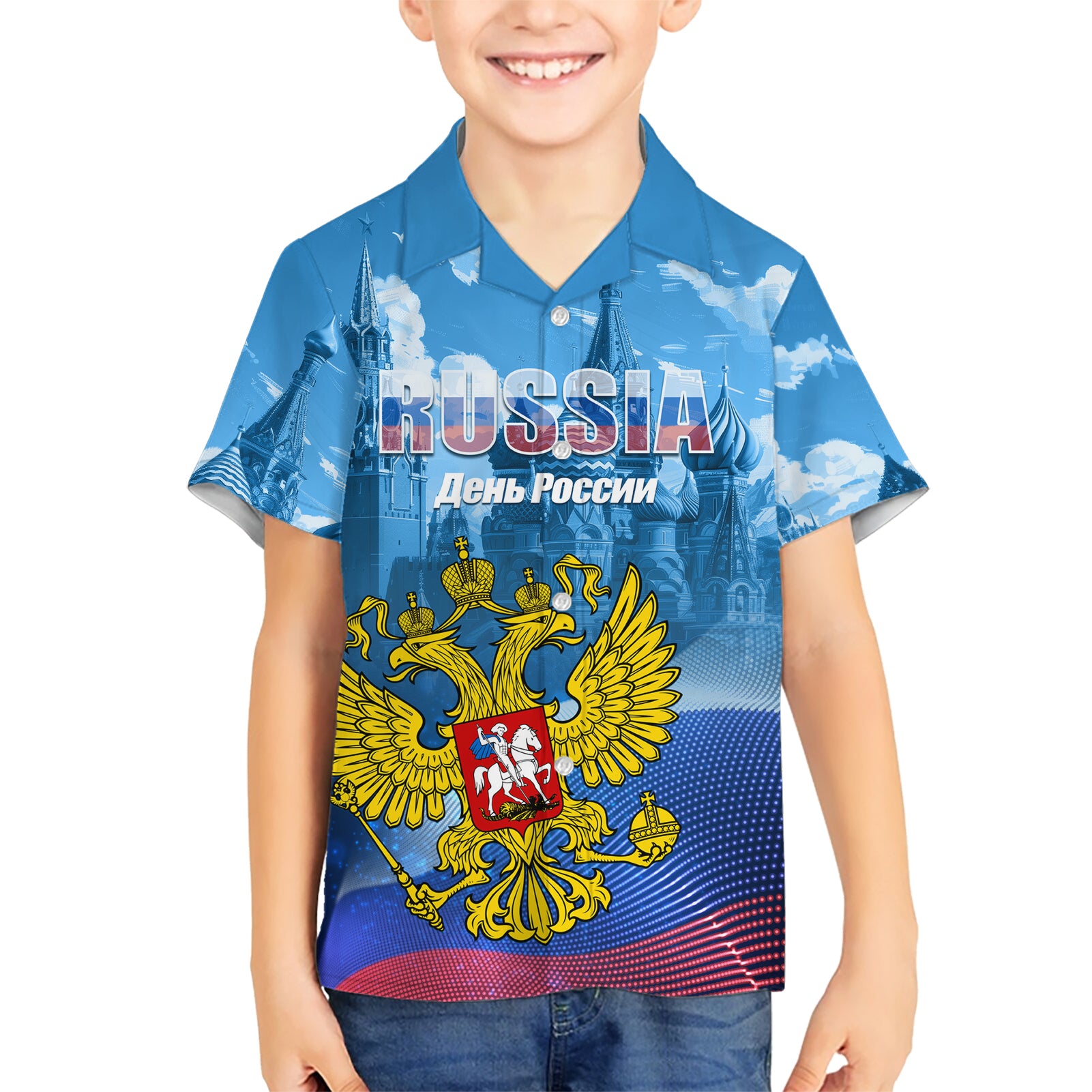 Russia Day 2024 Kid Hawaiian Shirt Coat Of Arms With Red Square - Wonder Print Shop