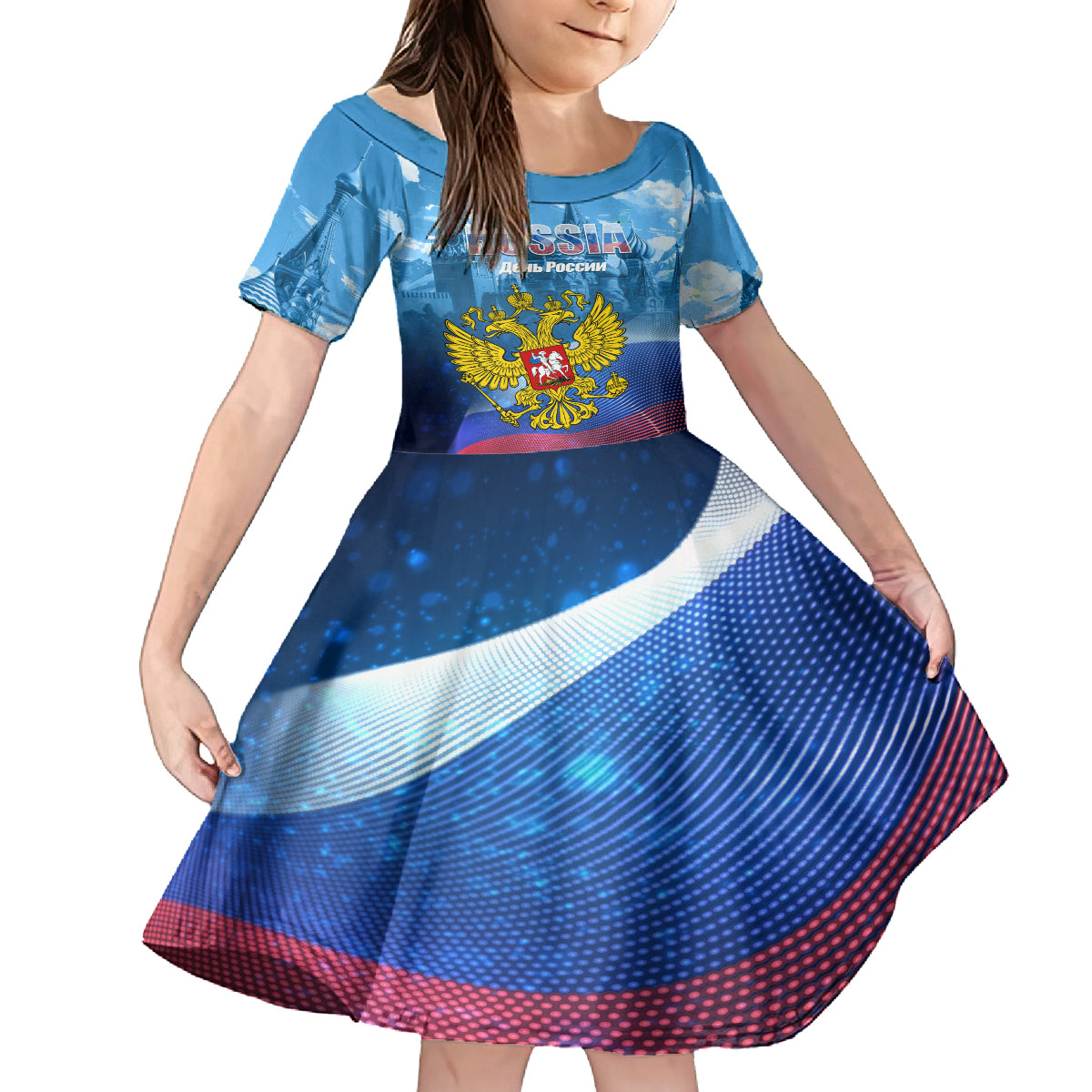 Russia Day 2024 Kid Short Sleeve Dress Coat Of Arms With Red Square - Wonder Print Shop