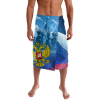 Men's blue lavalava skirt with Russia coat of arms and red square design