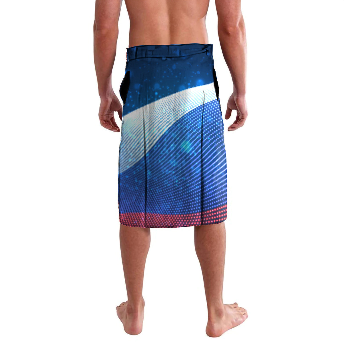 Men's blue lavalava sarong with white wave stripe and red trim, back view
