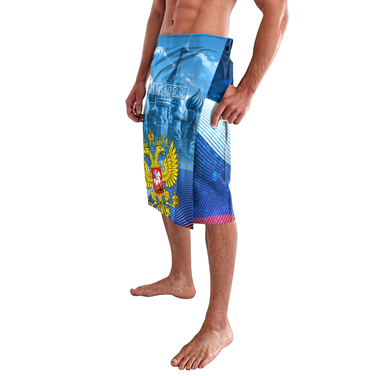 Men's blue lavalava skirt with coat of arms graphic and red-and-white border