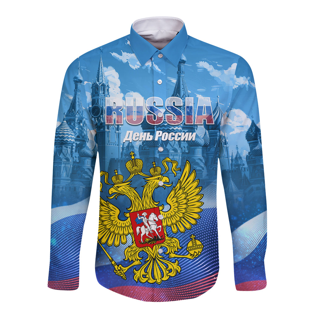 Blue long-sleeve button shirt with large Russia-style coat of arms graphic