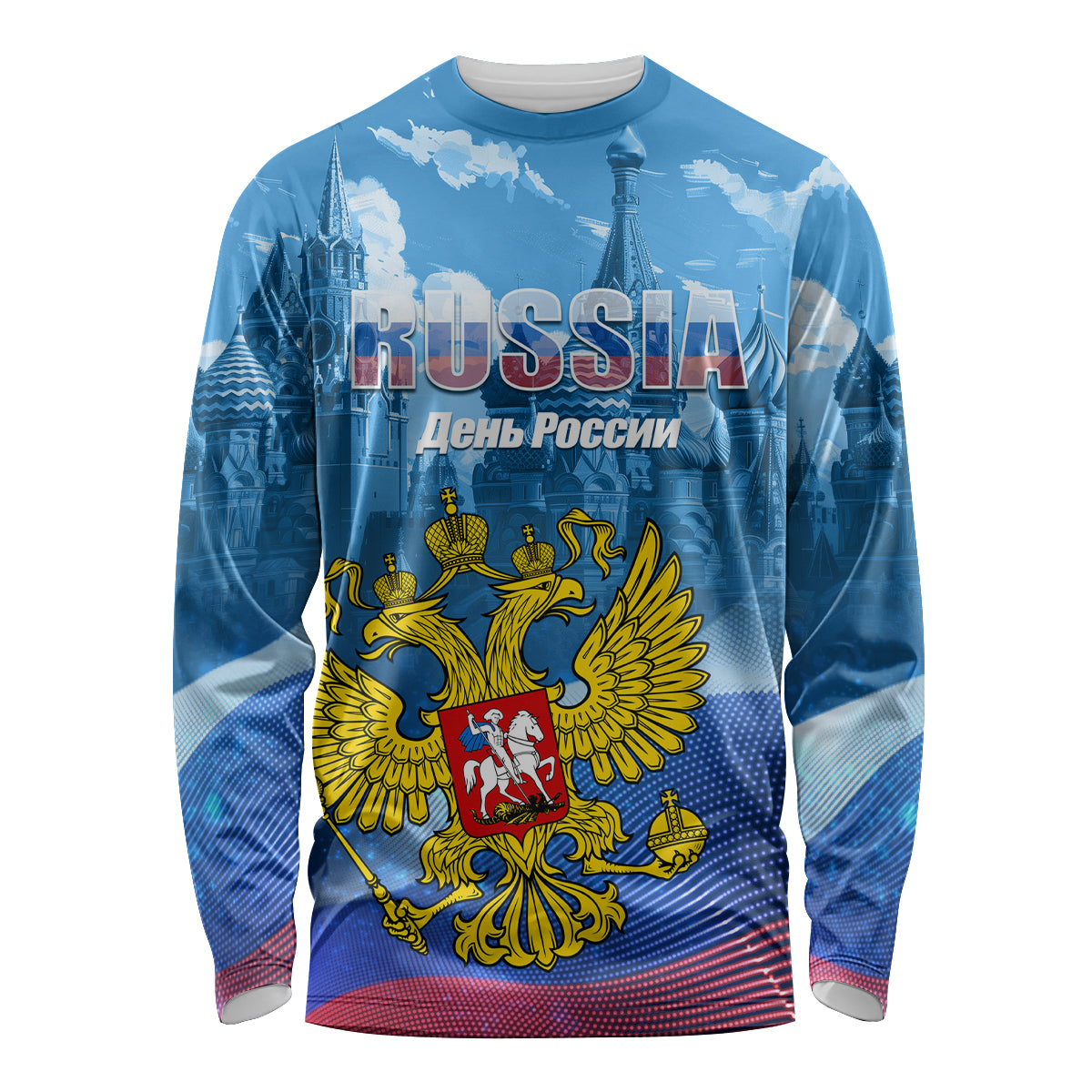 Unisex blue long-sleeve shirt with Russia graphic and double-headed eagle crest