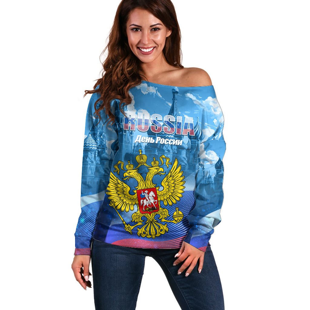 Russia Day 2024 Off Shoulder Sweater Coat Of Arms With Red Square - Wonder Print Shop