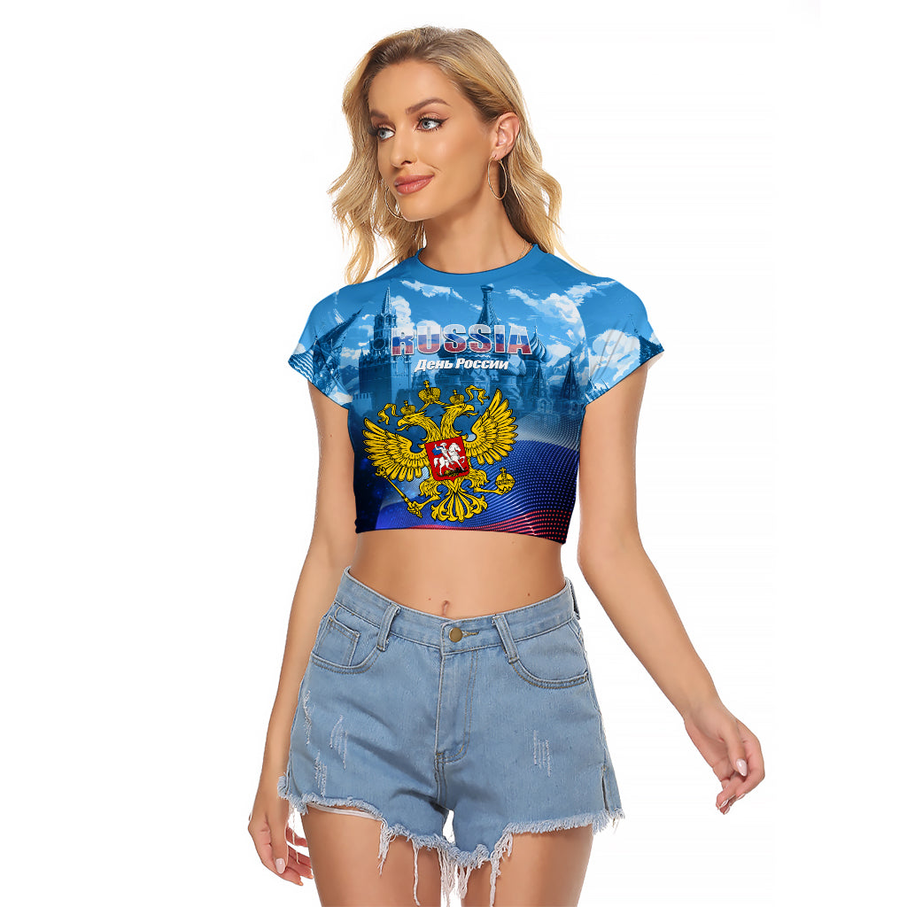 Russia Day 2024 Raglan Cropped T Shirt Coat Of Arms With Red Square - Wonder Print Shop