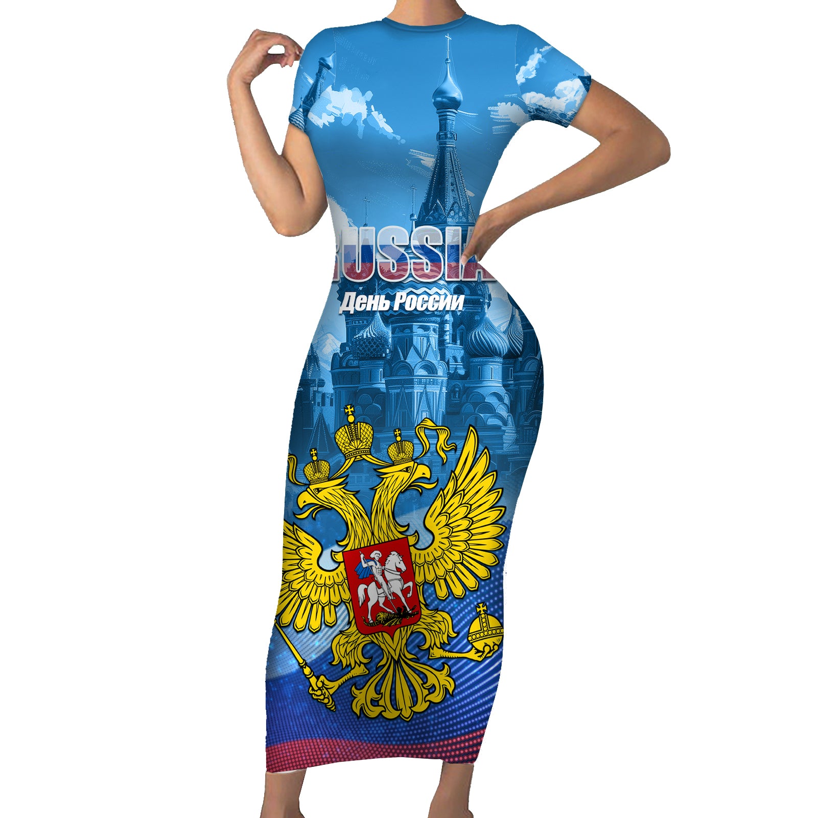 Russia Day 2024 Short Sleeve Bodycon Dress Coat Of Arms With Red Square - Wonder Print Shop