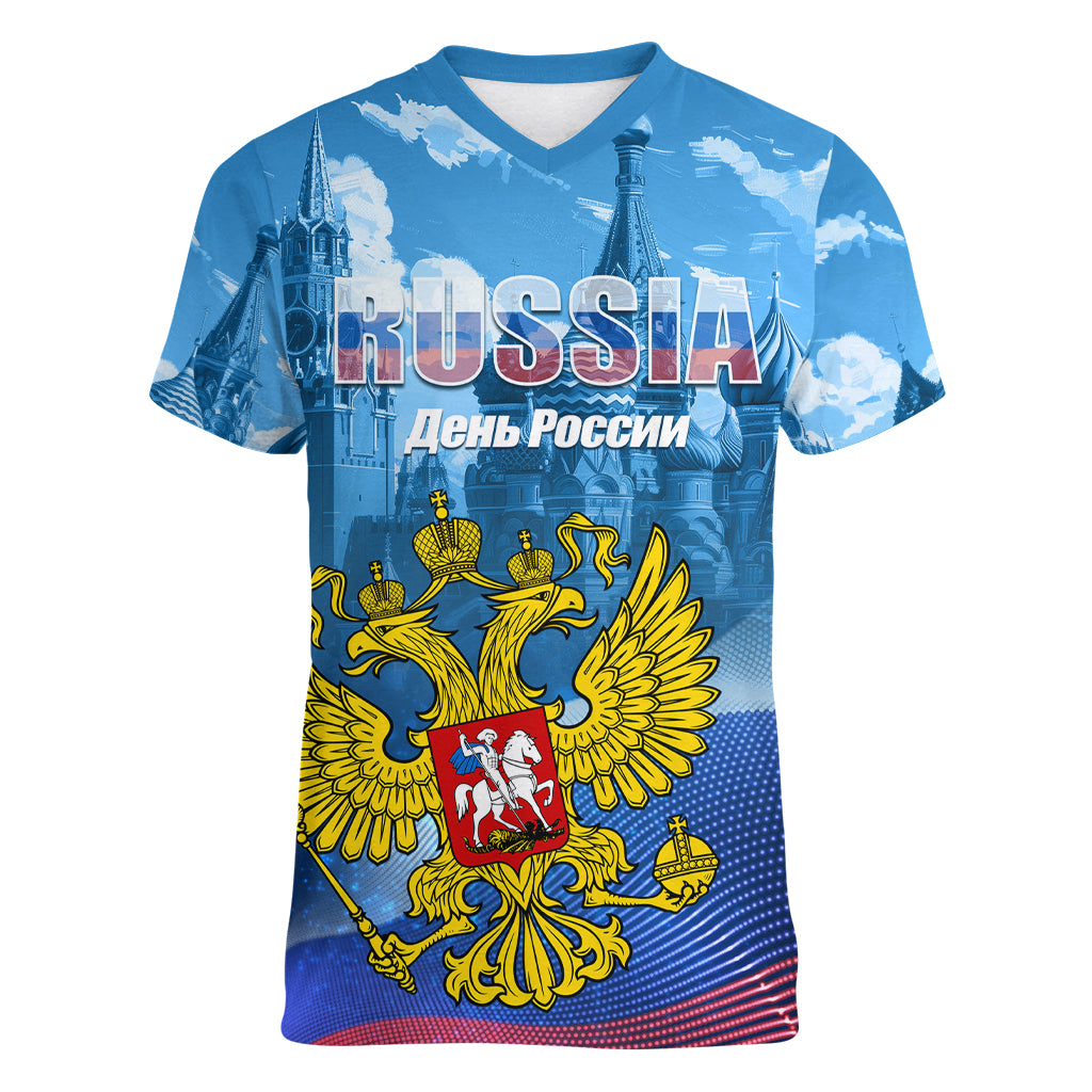 Russia Day 2024 Women V-Neck T-Shirt Coat Of Arms With Red Square - Wonder Print Shop