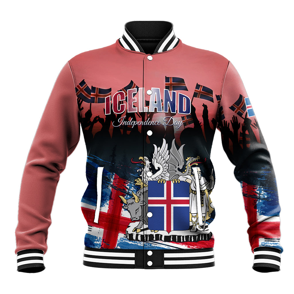 Unisex red baseball jacket with stand collar and snap buttons, front Iceland crest and flag graphic
