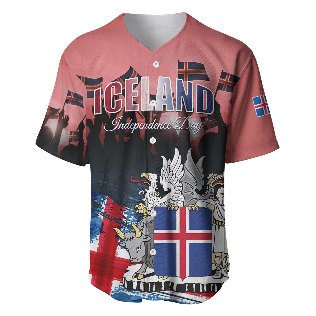Red baseball jersey with V-neck and button, Iceland-themed front graphic with eagle and flag