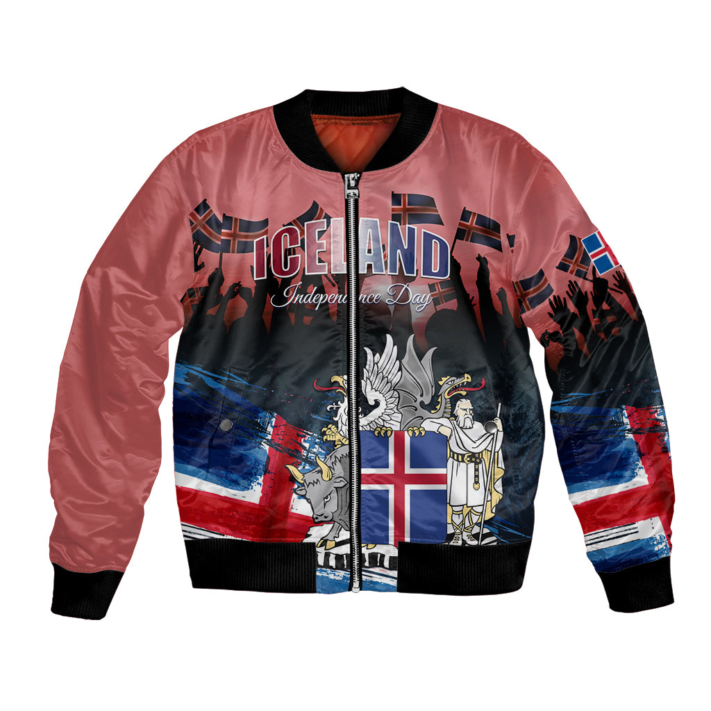 Pink bomber jacket with zip front, Iceland flag, coat of arms and eagle graphics