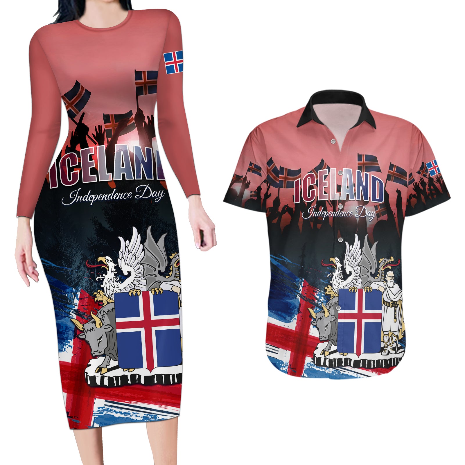 Iceland Independence Day 2024 Couples Matching Long Sleeve Bodycon Dress and Hawaiian Shirt Coat Of Arms Happy 80th Anniversary - Wonder Print Shop