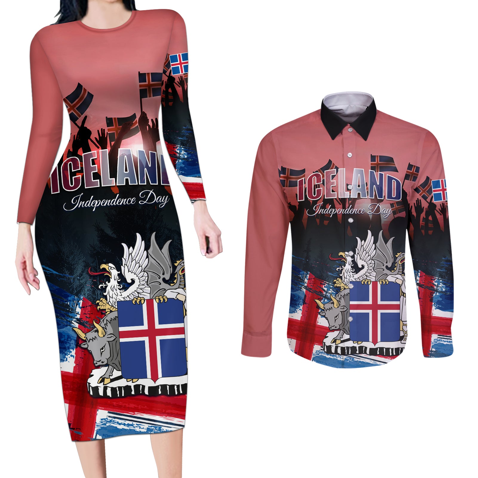 Iceland Independence Day 2024 Couples Matching Long Sleeve Bodycon Dress and Long Sleeve Button Shirt Coat Of Arms Happy 80th Anniversary - Wonder Print Shop