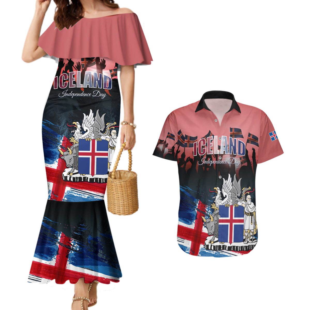 Iceland Independence Day 2024 Couples Matching Mermaid Dress and Hawaiian Shirt Coat Of Arms Happy 80th Anniversary - Wonder Print Shop