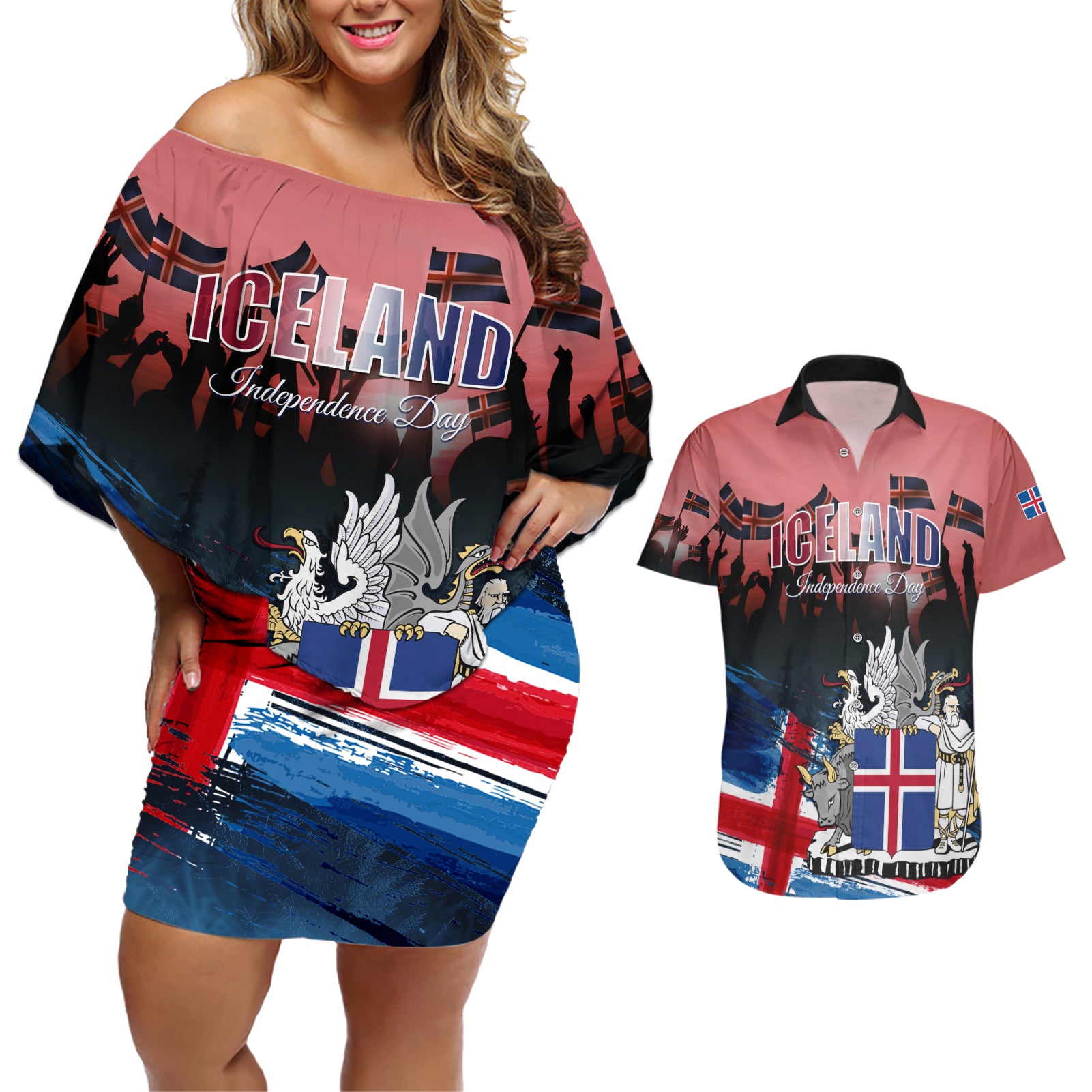 Iceland Independence Day 2024 Couples Matching Off Shoulder Short Dress and Hawaiian Shirt Coat Of Arms Happy 80th Anniversary - Wonder Print Shop