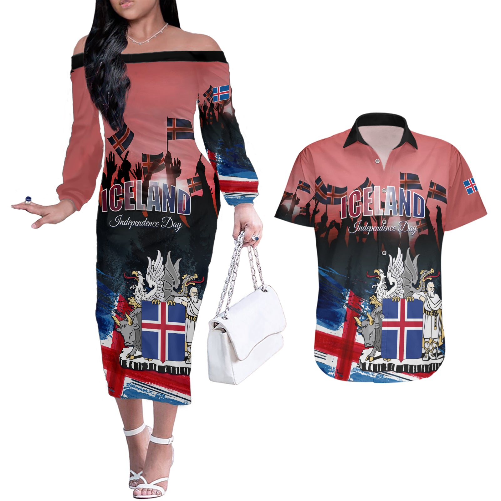 Iceland Independence Day 2024 Couples Matching Off The Shoulder Long Sleeve Dress and Hawaiian Shirt Coat Of Arms Happy 80th Anniversary - Wonder Print Shop