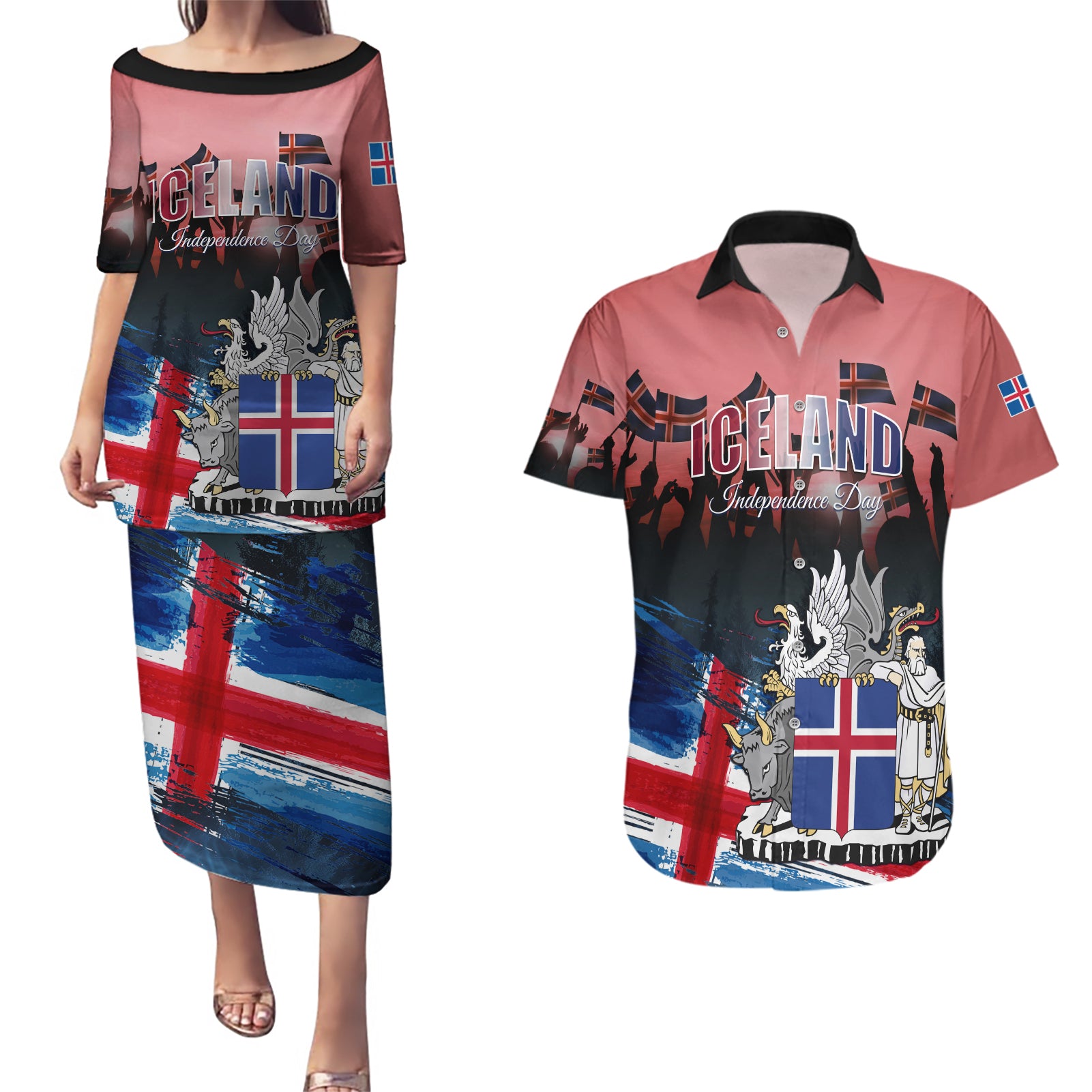 Iceland Independence Day 2024 Couples Matching Puletasi and Hawaiian Shirt Coat Of Arms Happy 80th Anniversary - Wonder Print Shop