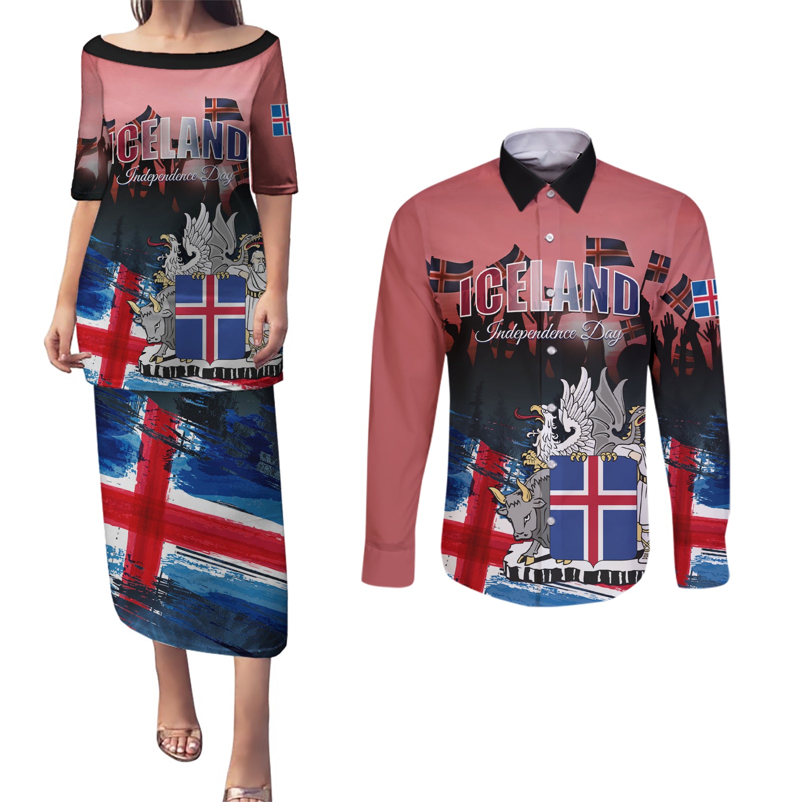 Iceland Independence Day 2024 Couples Matching Puletasi and Long Sleeve Button Shirt Coat Of Arms Happy 80th Anniversary - Wonder Print Shop