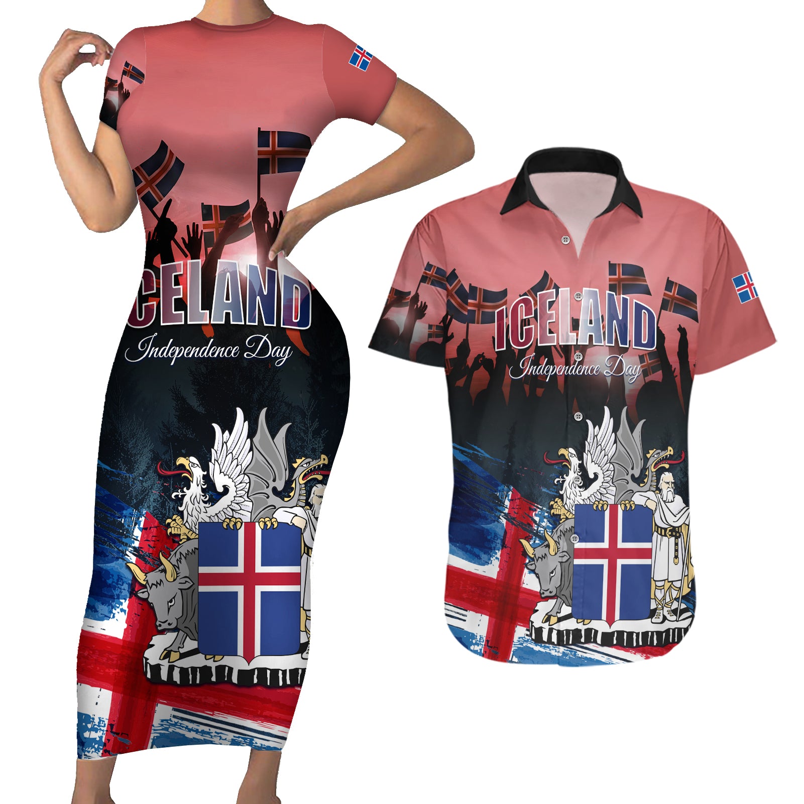 Iceland Independence Day 2024 Couples Matching Short Sleeve Bodycon Dress and Hawaiian Shirt Coat Of Arms Happy 80th Anniversary - Wonder Print Shop