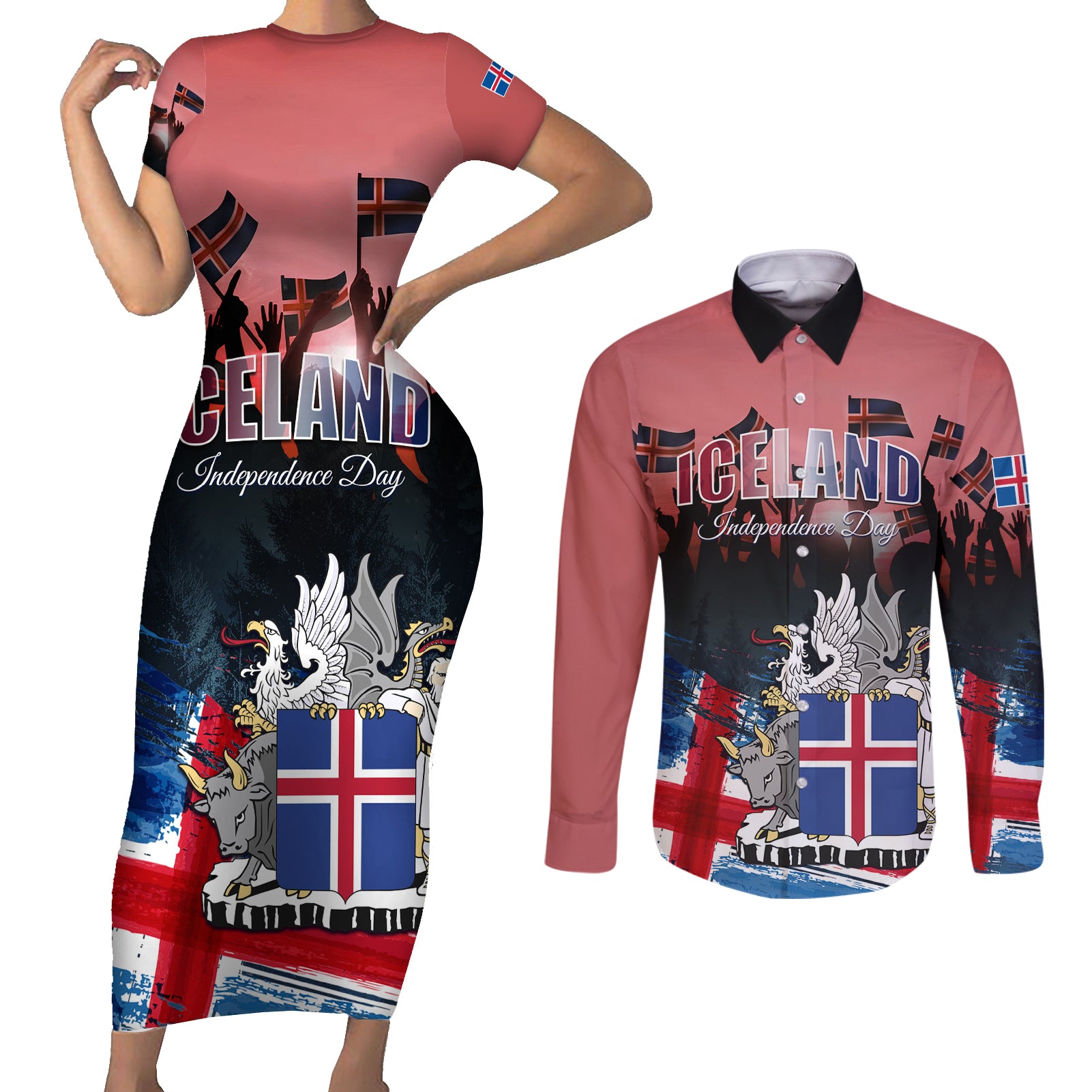 Iceland Independence Day 2024 Couples Matching Short Sleeve Bodycon Dress and Long Sleeve Button Shirt Coat Of Arms Happy 80th Anniversary - Wonder Print Shop