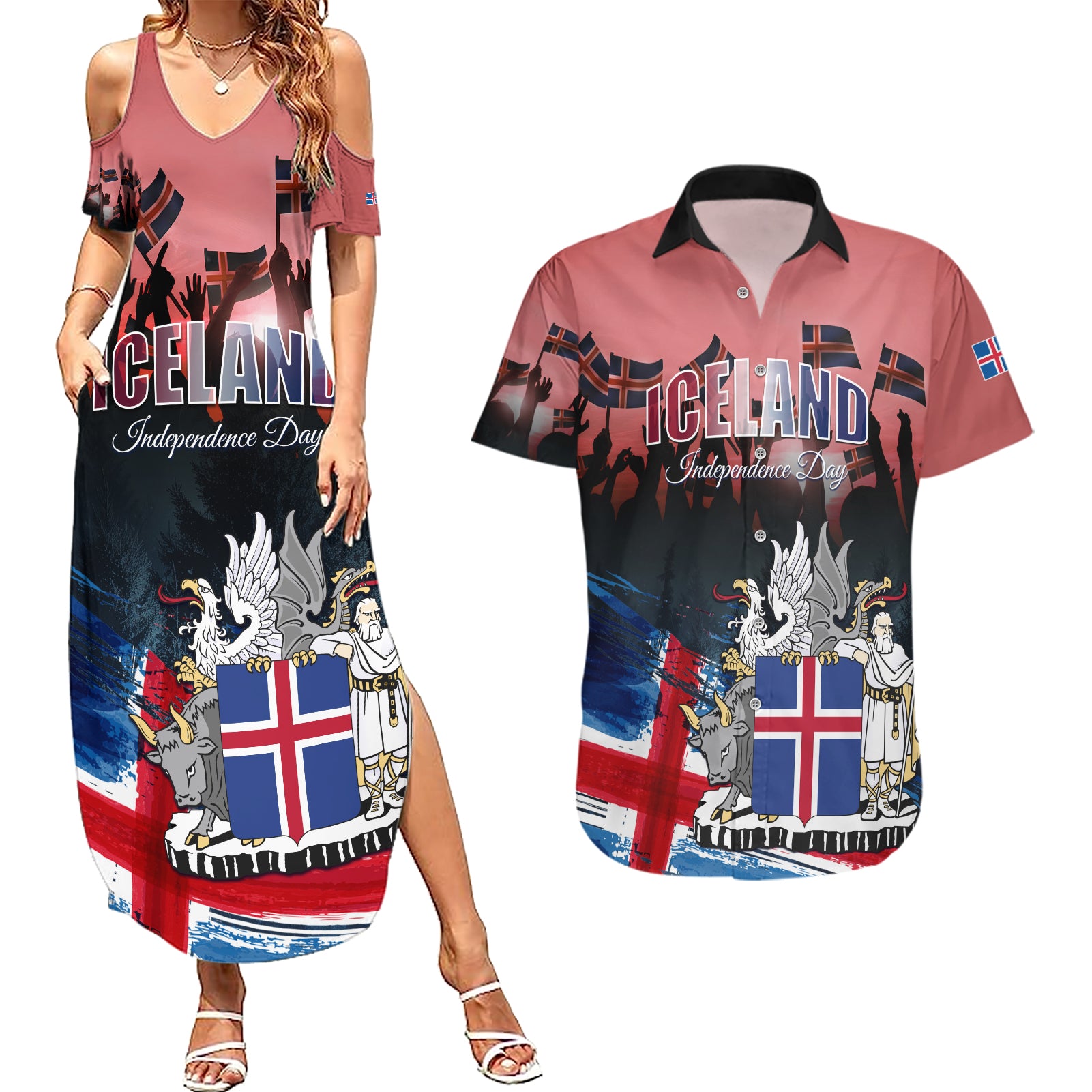 Iceland Independence Day 2024 Couples Matching Summer Maxi Dress and Hawaiian Shirt Coat Of Arms Happy 80th Anniversary - Wonder Print Shop