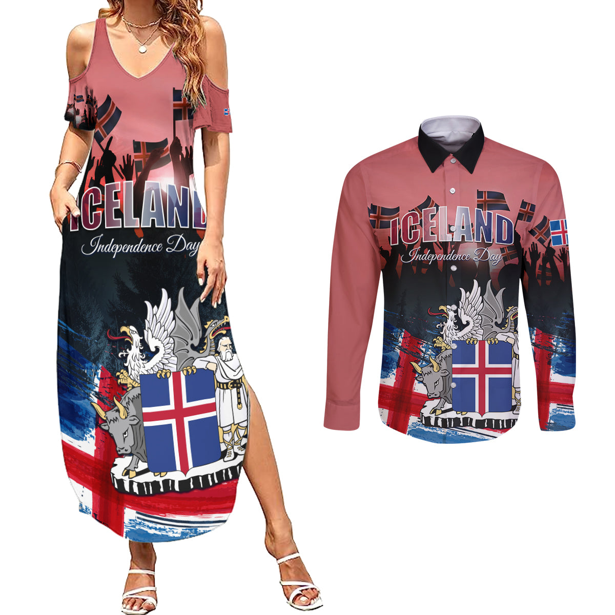 Iceland Independence Day 2024 Couples Matching Summer Maxi Dress and Long Sleeve Button Shirt Coat Of Arms Happy 80th Anniversary - Wonder Print Shop