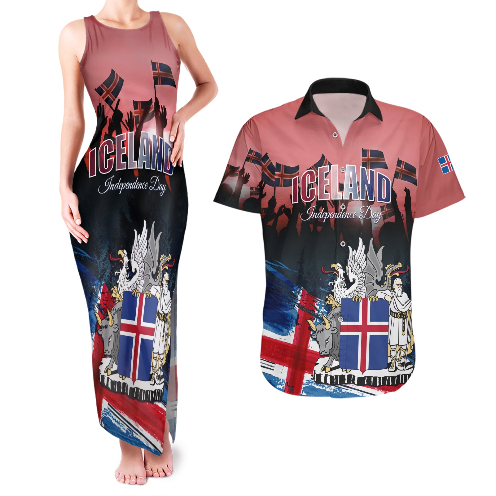 Iceland Independence Day 2024 Couples Matching Tank Maxi Dress and Hawaiian Shirt Coat Of Arms Happy 80th Anniversary - Wonder Print Shop