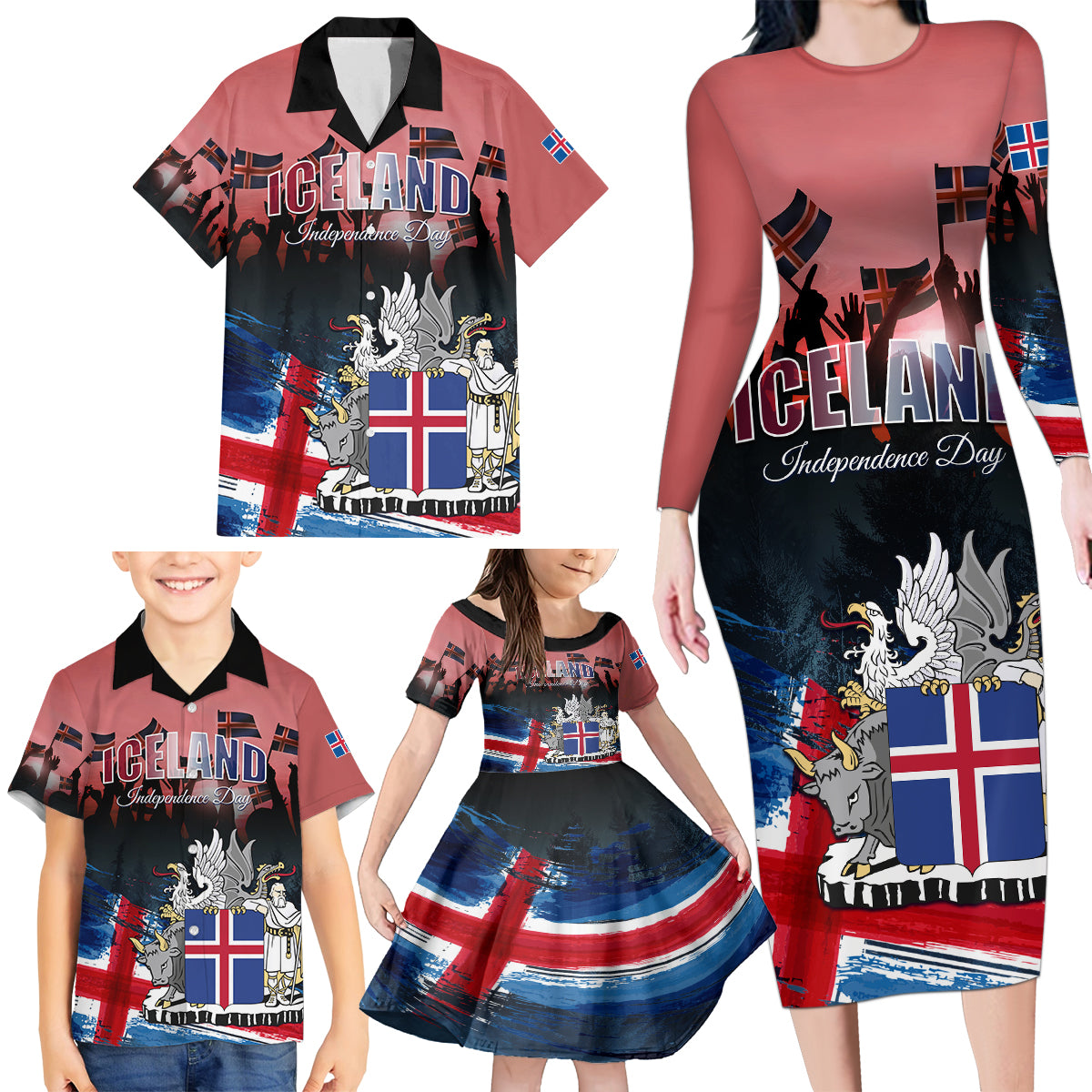 Iceland Independence Day 2024 Family Matching Long Sleeve Bodycon Dress and Hawaiian Shirt Coat Of Arms Happy 80th Anniversary - Wonder Print Shop