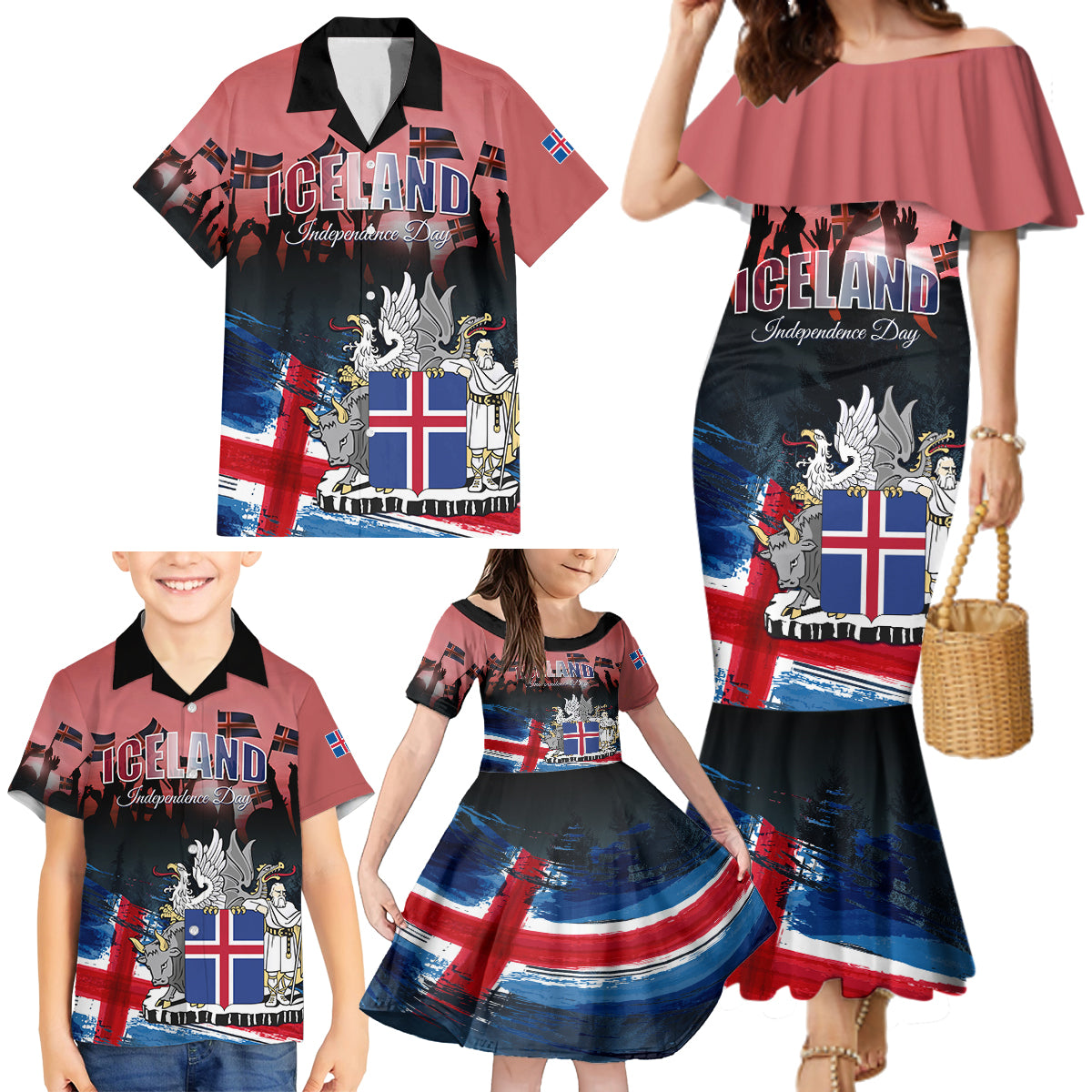 Iceland Independence Day 2024 Family Matching Mermaid Dress and Hawaiian Shirt Coat Of Arms Happy 80th Anniversary - Wonder Print Shop