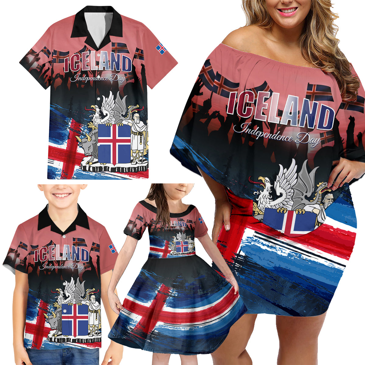 Iceland Independence Day 2024 Family Matching Off Shoulder Short Dress and Hawaiian Shirt Coat Of Arms Happy 80th Anniversary - Wonder Print Shop