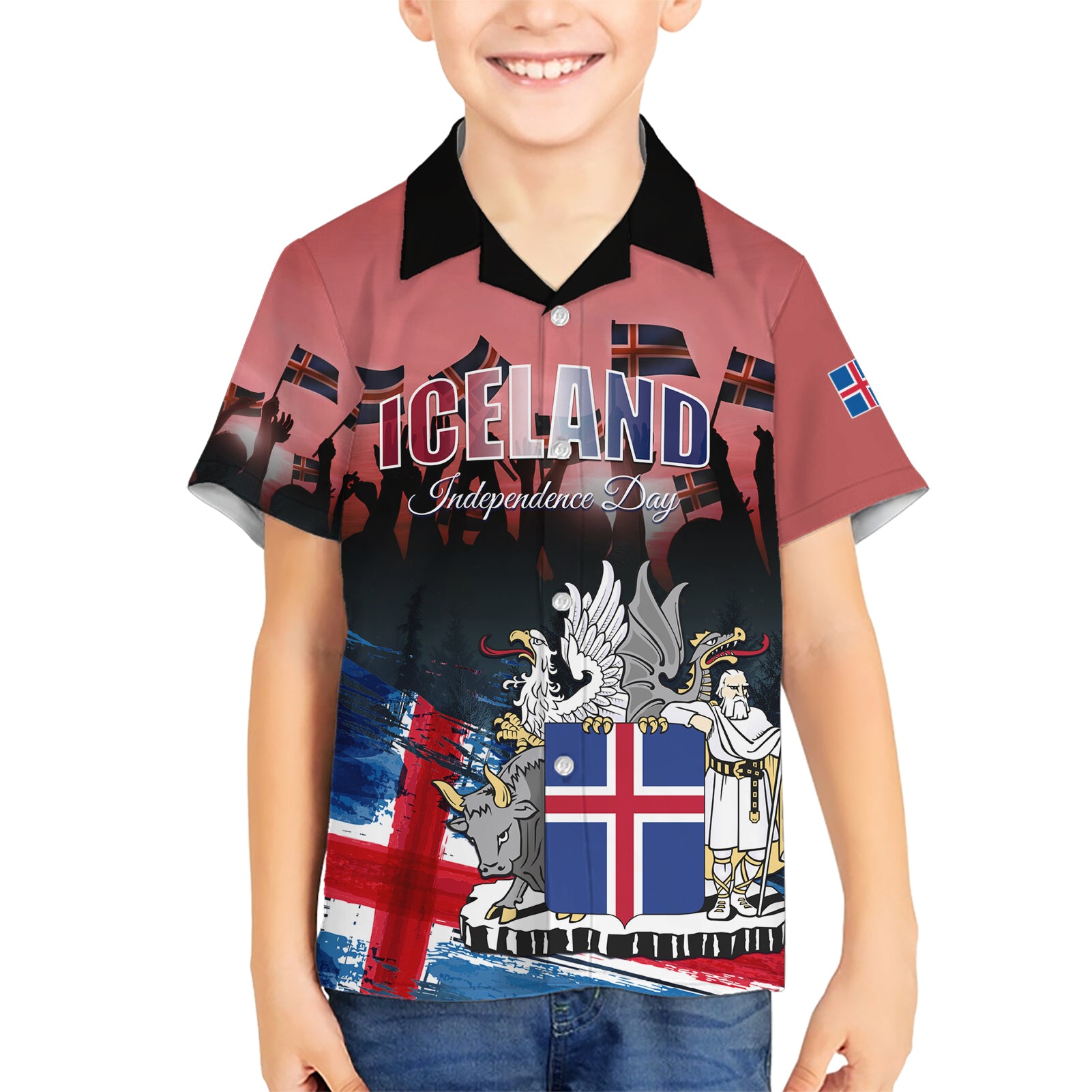 Iceland Independence Day 2024 Kid Hawaiian Shirt Coat Of Arms Happy 80th Anniversary - Wonder Print Shop