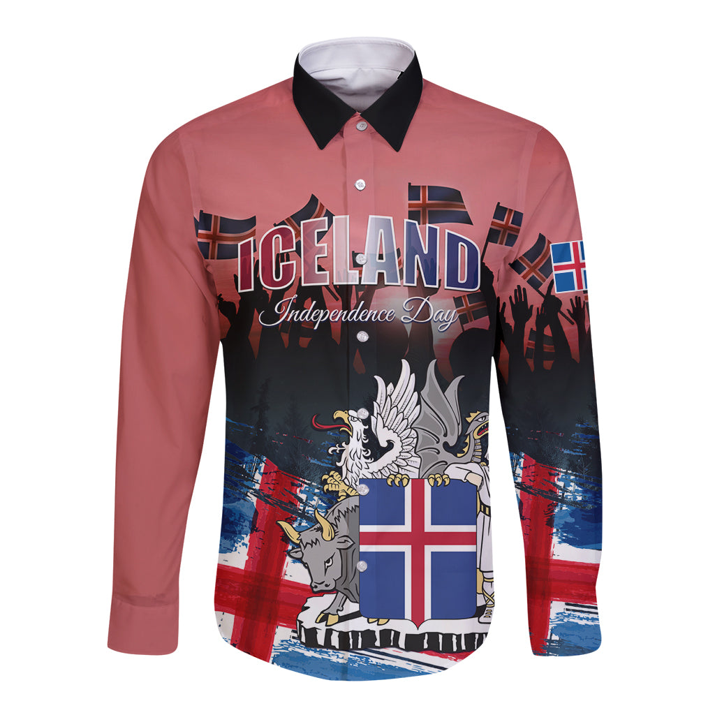 Maroon long-sleeve button shirt with Iceland lettering, coat of arms, and flag graphics
