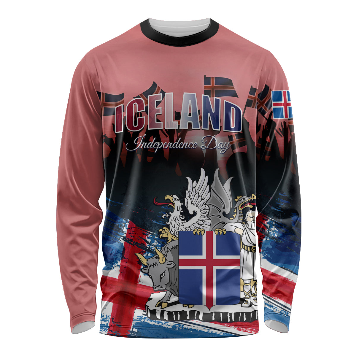 Long sleeve shirt with Iceland coat-of-arms, flags, and Independence Day print