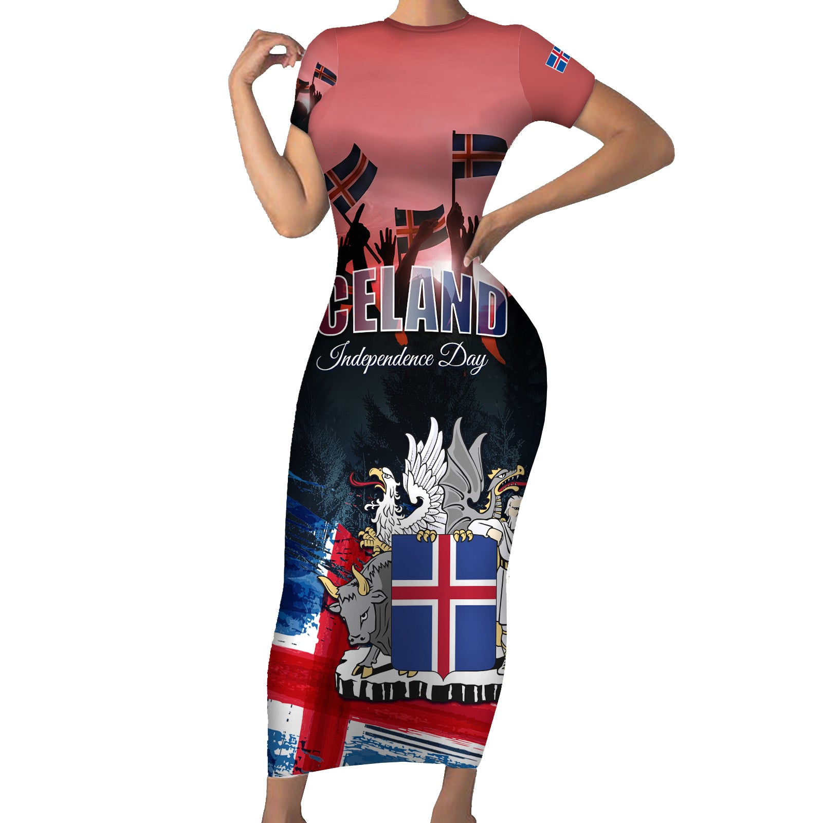 Iceland Independence Day 2024 Short Sleeve Bodycon Dress Coat Of Arms Happy 80th Anniversary