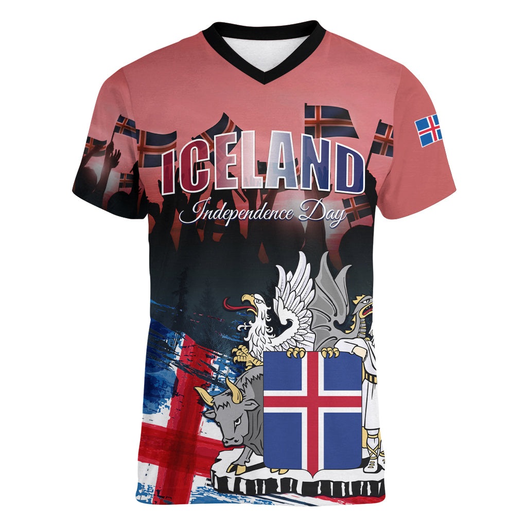 Iceland Independence Day 2024 Women V-Neck T-Shirt Coat Of Arms Happy 80th Anniversary