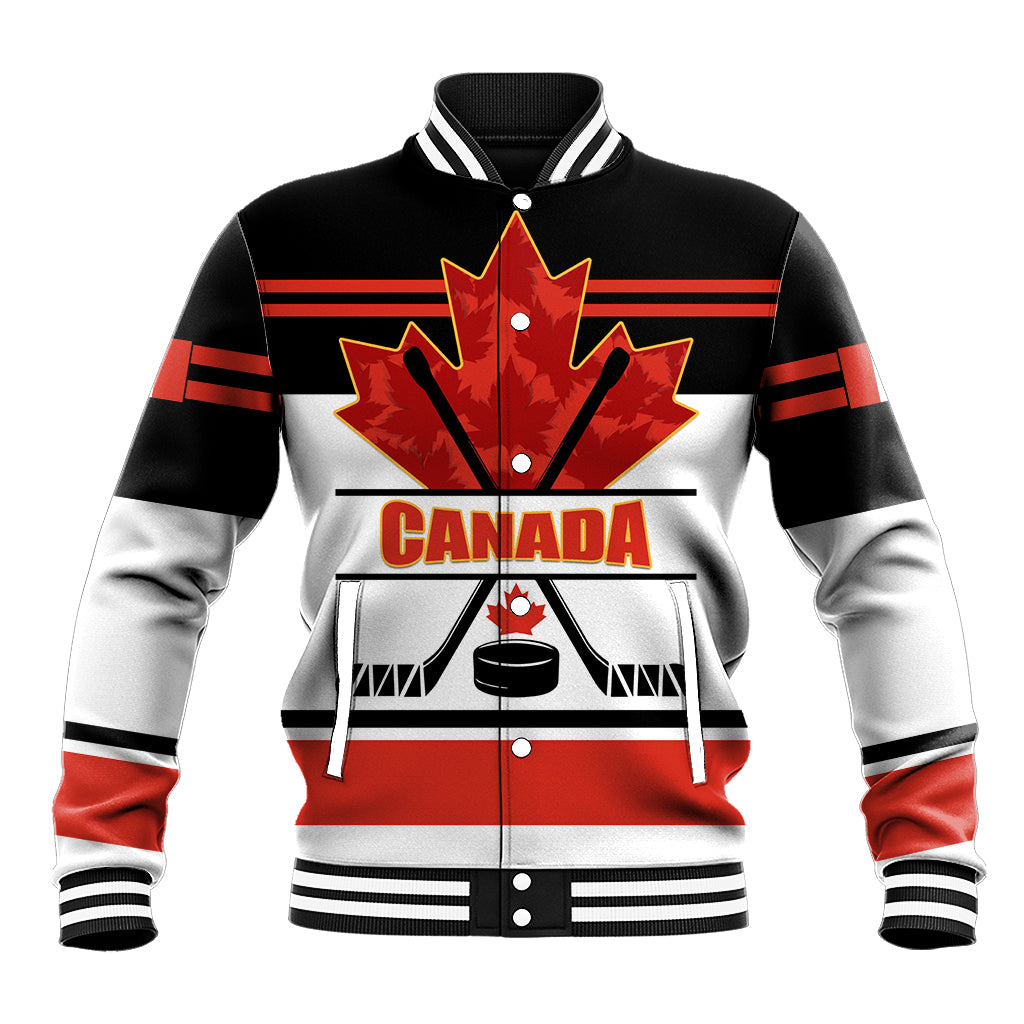 Unisex baseball jacket, black/red/white Canada crest, snap buttons