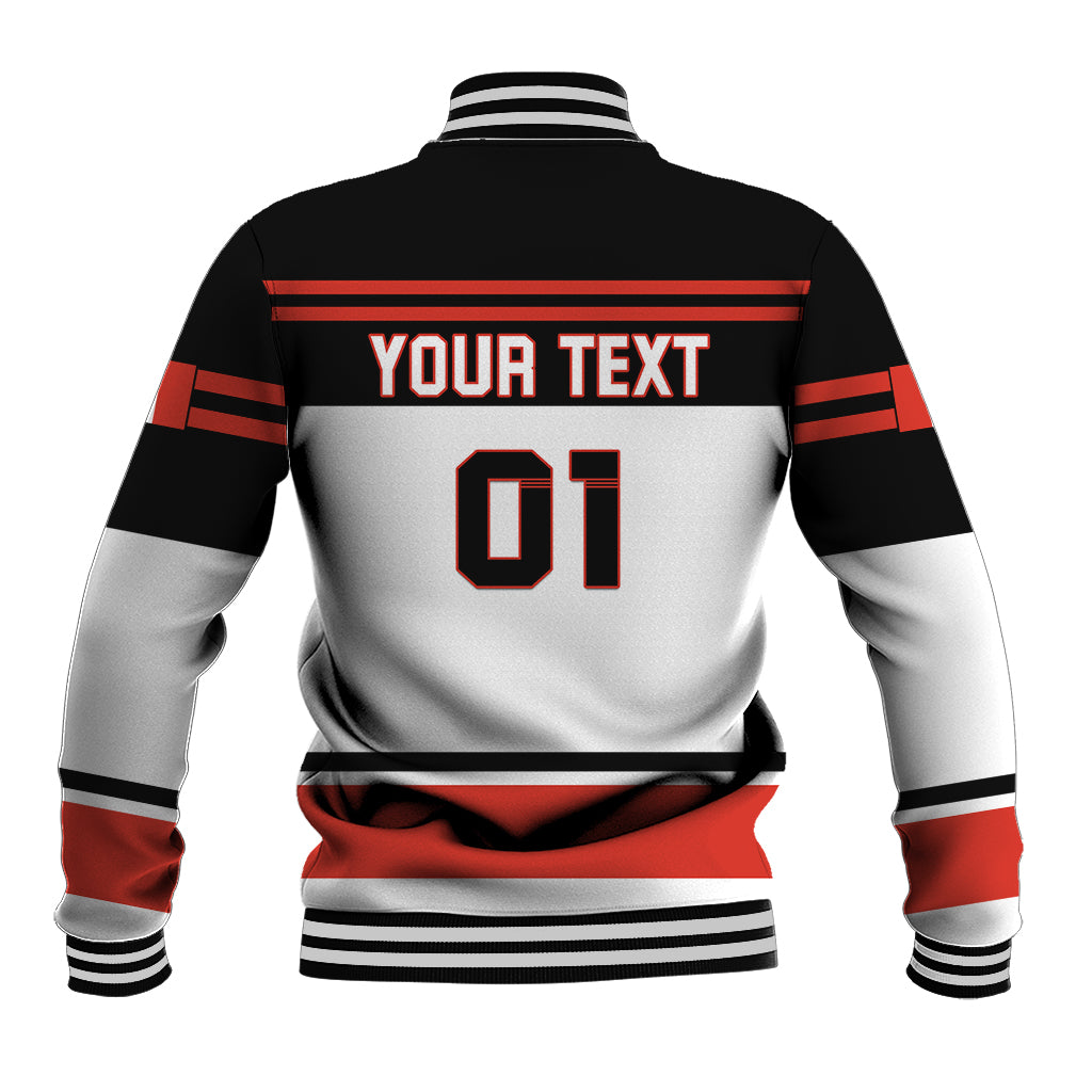 Unisex baseball jacket, black/red/white back graphic with YOUR TEXT and 01