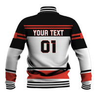 Unisex baseball jacket, black/red/white back graphic with YOUR TEXT and 01