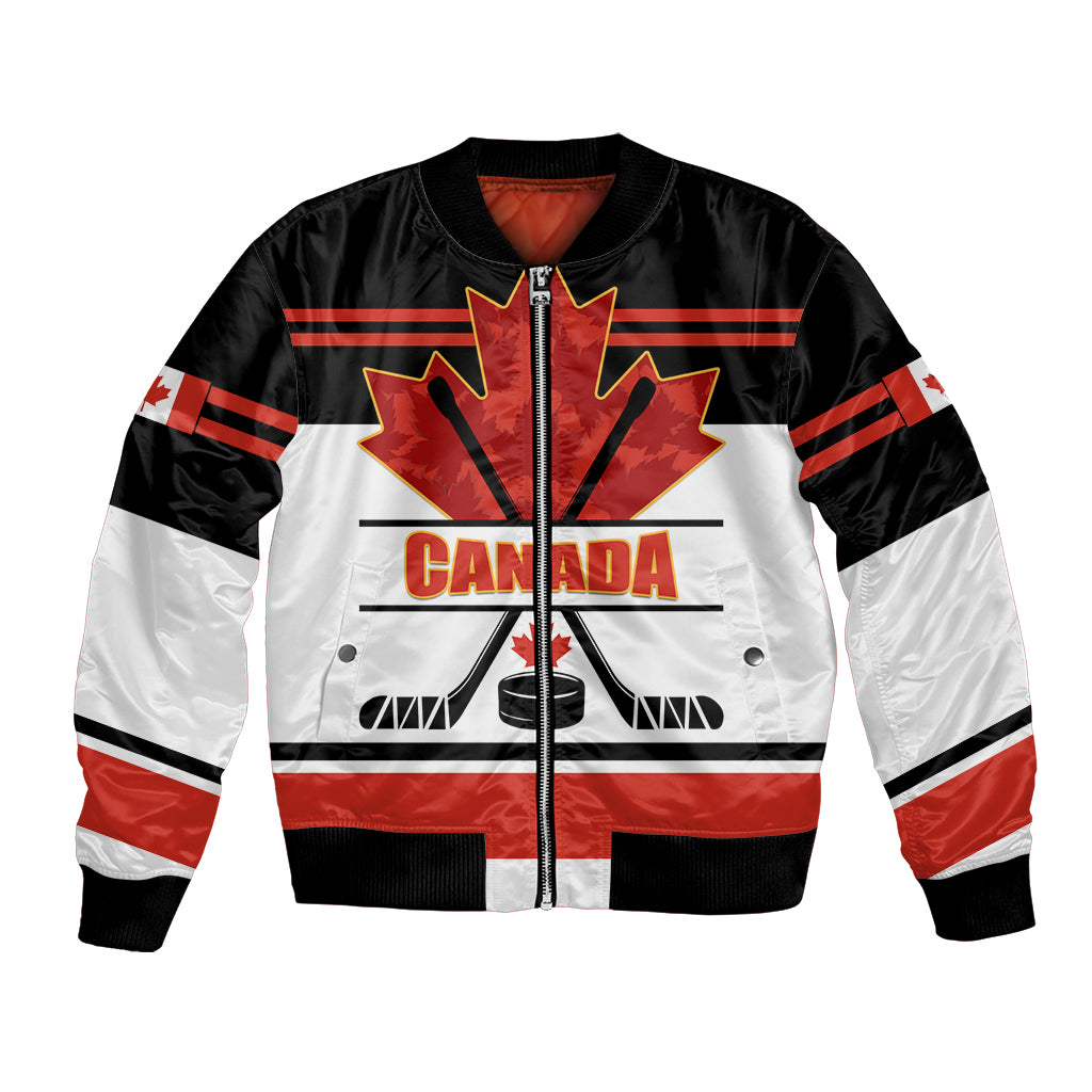 Hockey bomber jacket, black and white with Canada graphic and red stripes