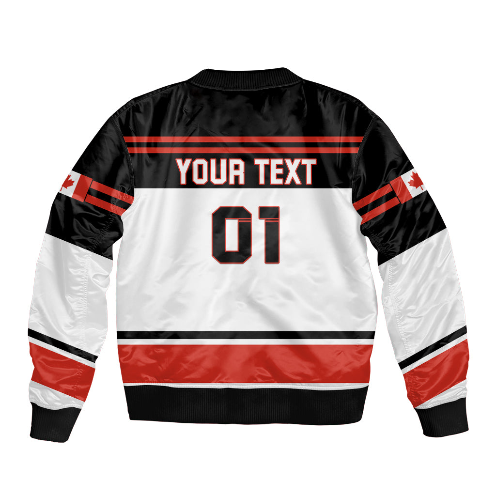Hockey bomber jacket, black and white with red stripes, 'YOUR TEXT' and 01