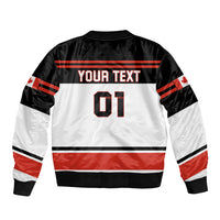 Hockey bomber jacket, black and white with red stripes, 'YOUR TEXT' and 01
